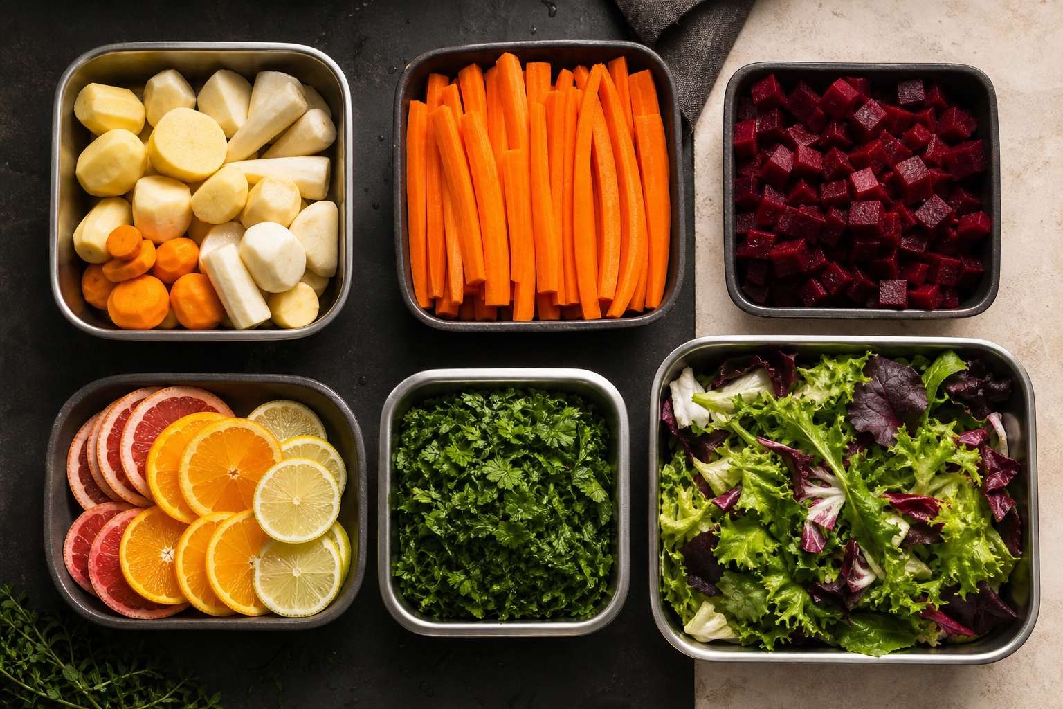 Prepared fruit and vegetables arranged in kitchen containers