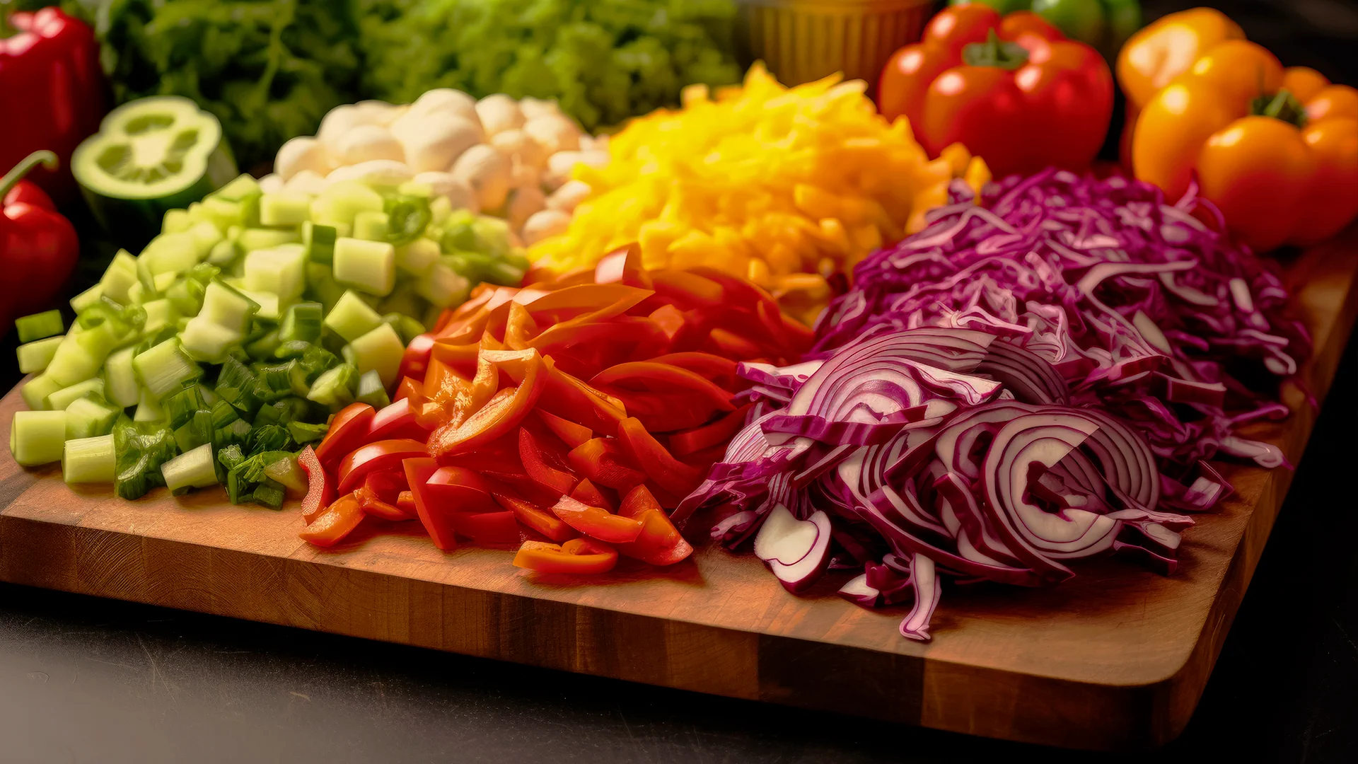 Fresh vegetables prepared in a range of precise cuts