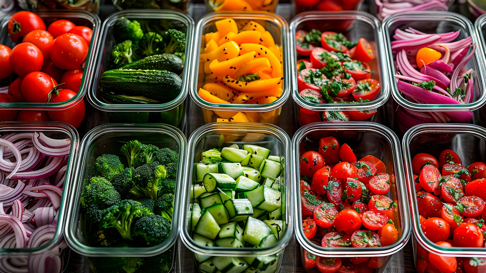 Prepared vegetables arranged in professional kitchen containers