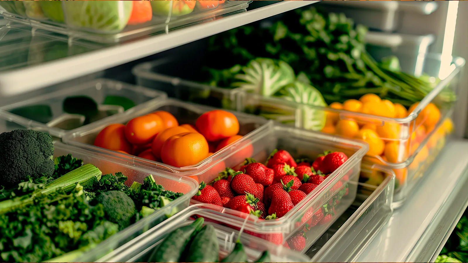 Fresh produce stored in refrigerated kitchen containers