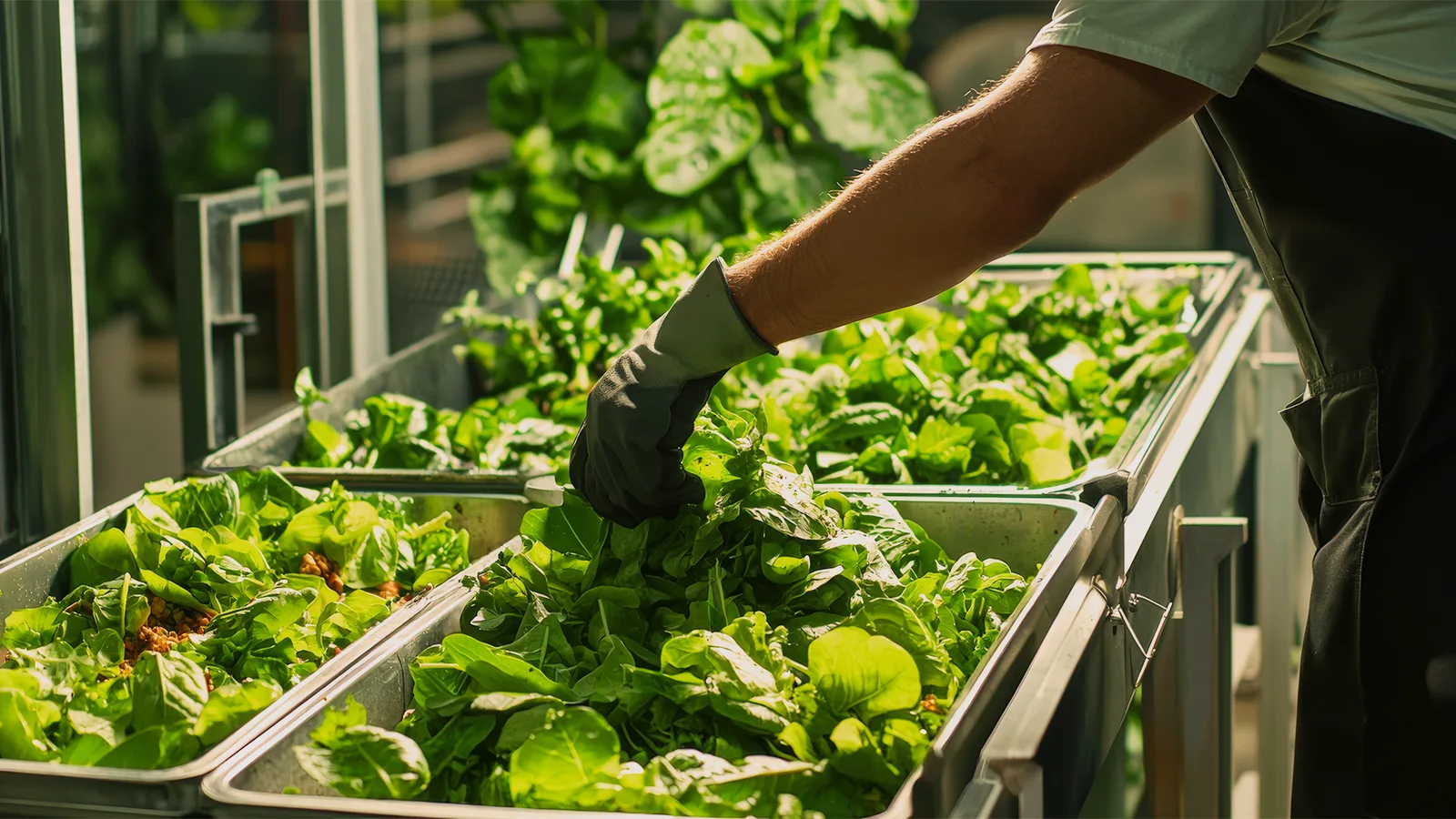 Leafy produce being prepared for salad service
